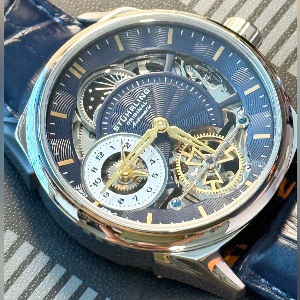 Stuhrling Men's Blue Automatic Skeleton Alligator Embossed Leather Watch 42mm